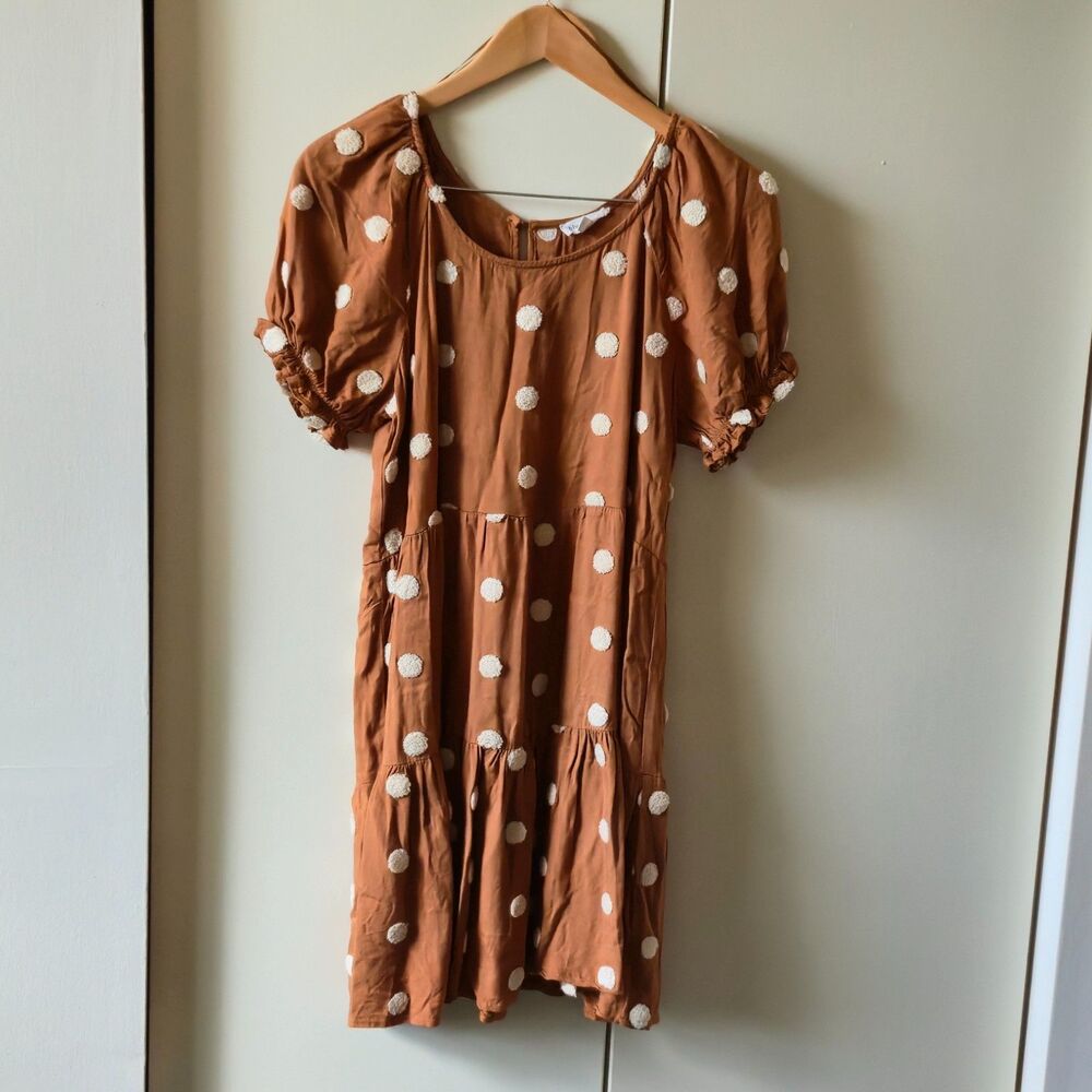 Blu Pepper Brown, Tiered Polka Dot Dress - Small - Textured Puff Sleeve Sundress